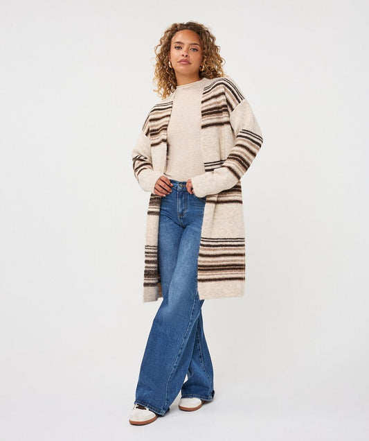 Esqualo vest beige met bruine strepen model Cardigan horizontal striped Biscuit melange