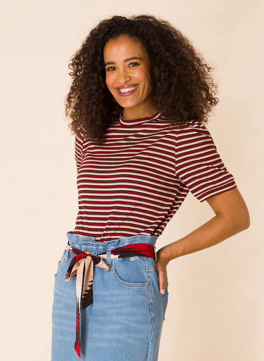 Ivy Beau shirt met strepen rood wit bruin model Anne