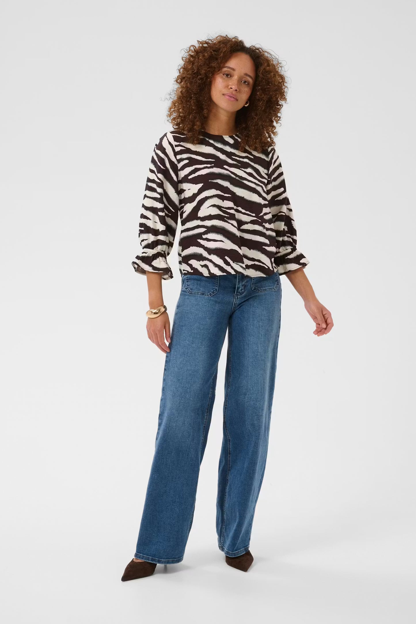 Kaffe blouse driekwart mouw bruin off white print model KAviky coffee bean turtle dove