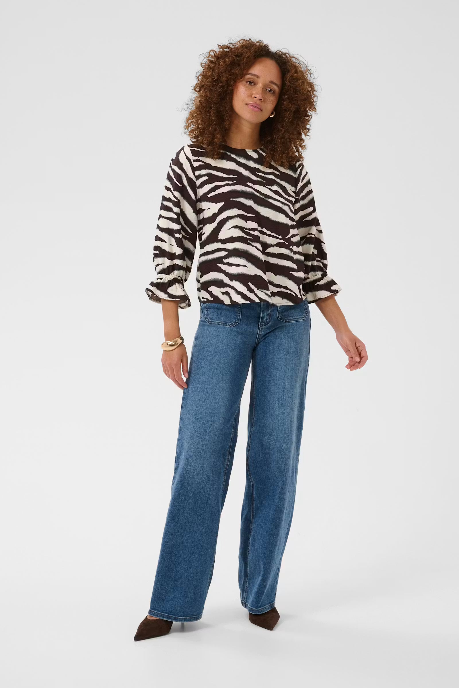 Kaffe blouse driekwart mouw bruin off white print model KAviky coffee bean turtle dove