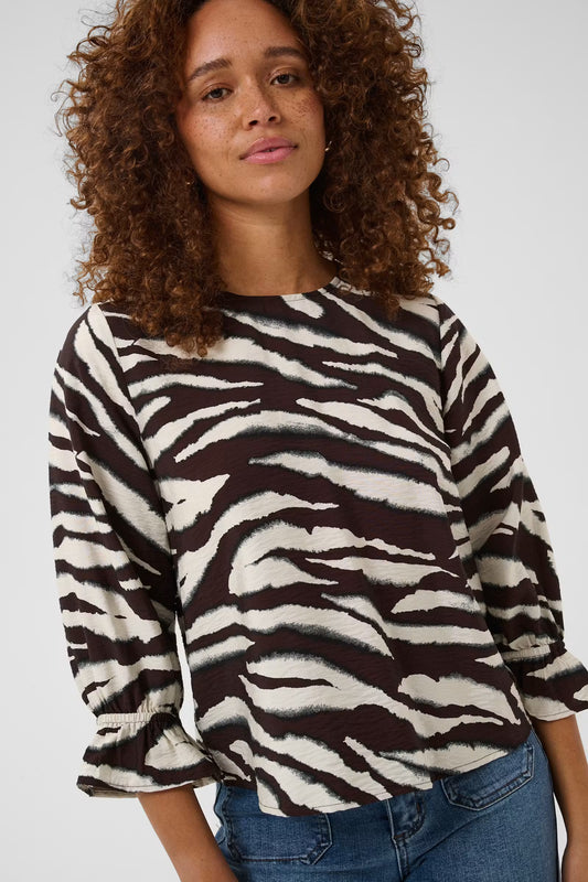 Kaffe blouse driekwart mouw bruin off white print model KAviky coffee bean turtle dove