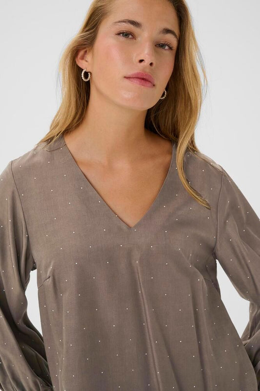 Kaffe blouse taupe driekwart mouw met strass steentjes KAida morel 