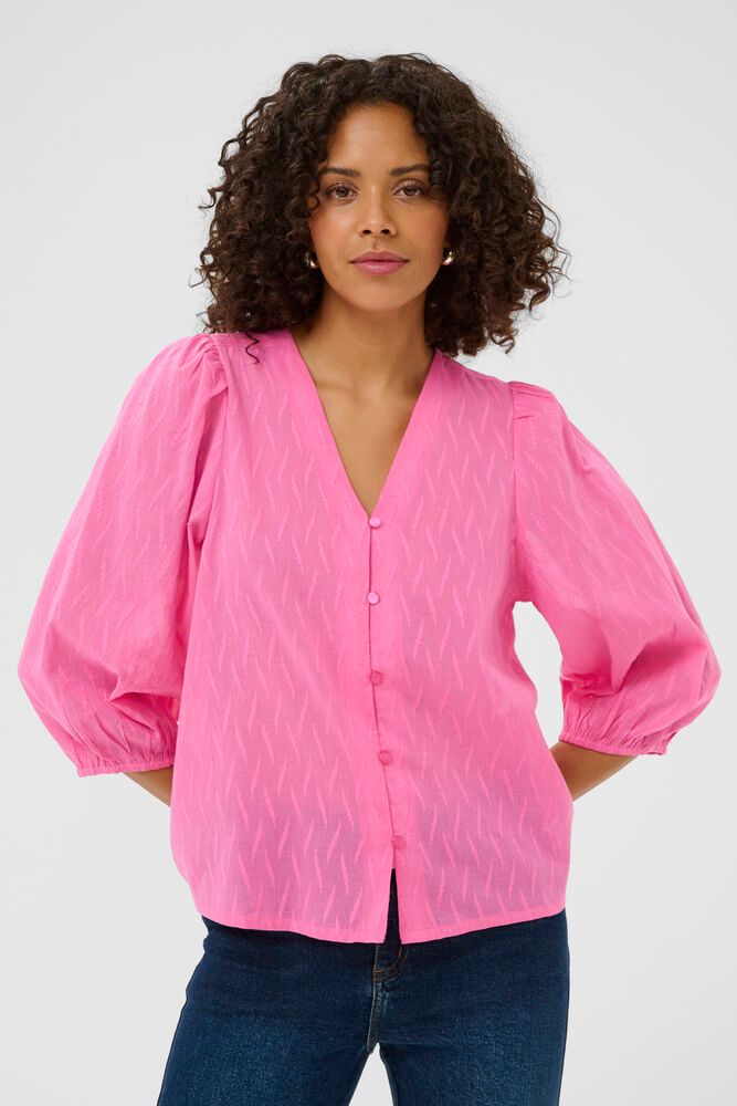 Kaffe blouse roze driekwart mouw model KAgabriela V-Neck shirt pink power