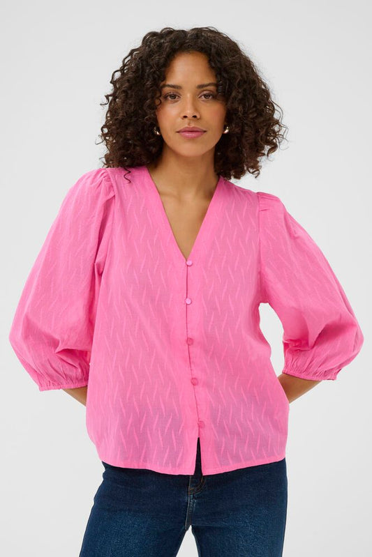 Kaffe blouse roze driekwart mouw model KAgabriela V-Neck shirt pink power