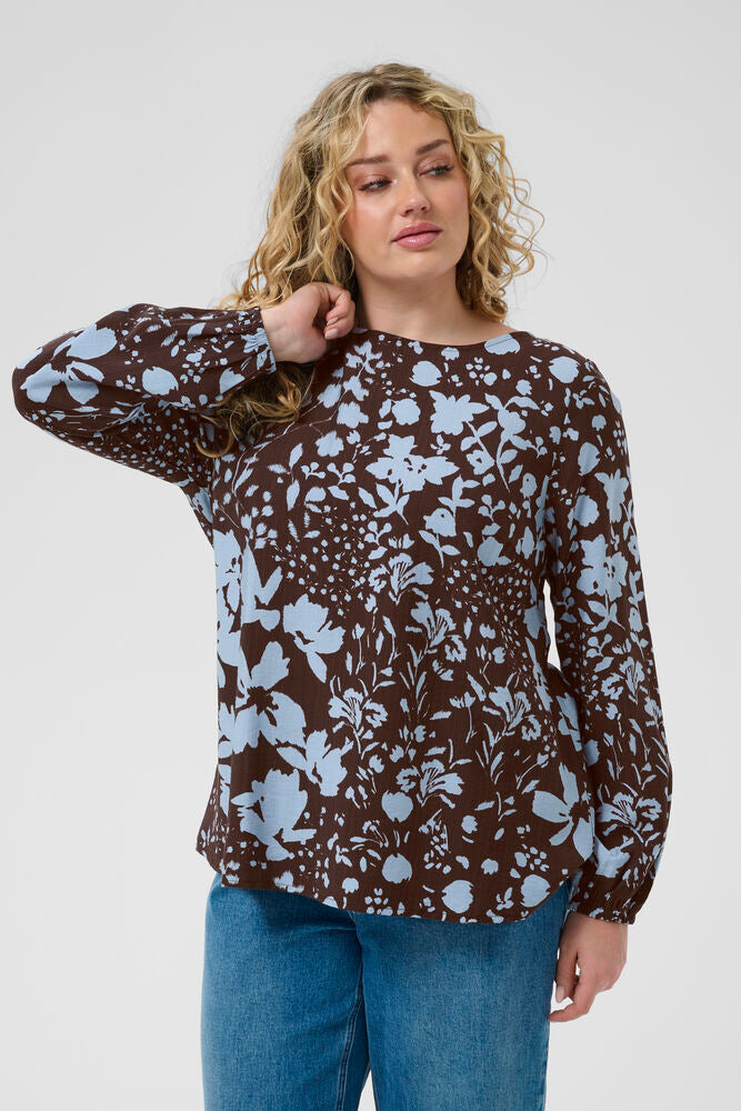 Kaffe Curve blouse bruin met blauwe print model KCnadine Coffee Bean blue fog glow