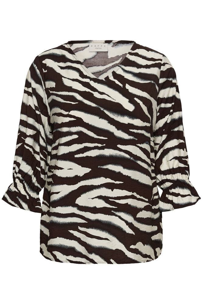Kaffe Curve blouse bruin offwhite print driekwart mouw model KCvika coffee bean turtledove