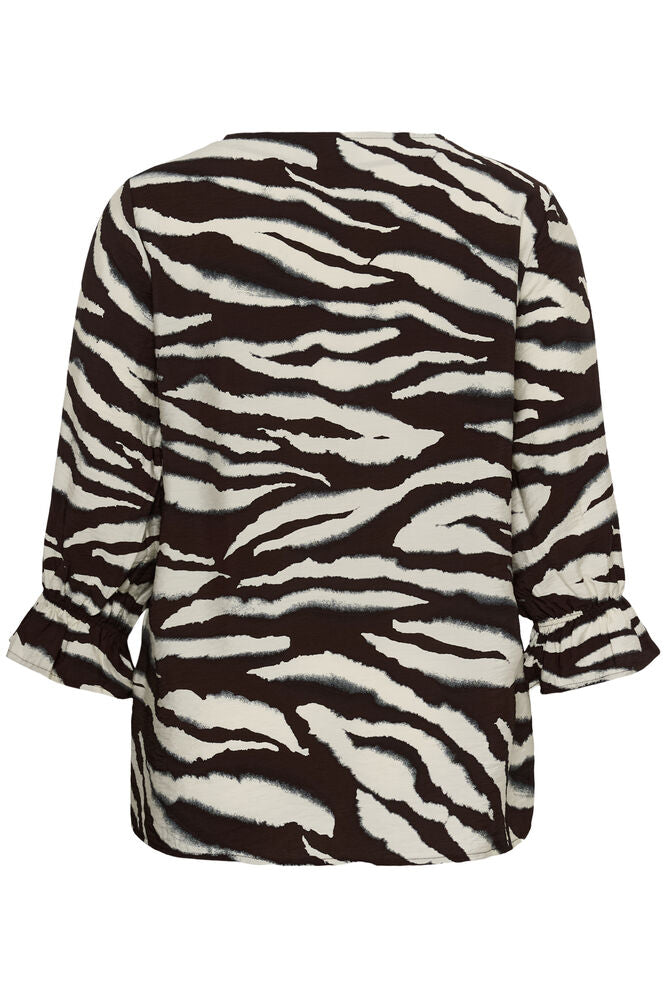 Kaffe Curve blouse bruin offwhite print driekwart mouw model KCvika coffee bean turtledove