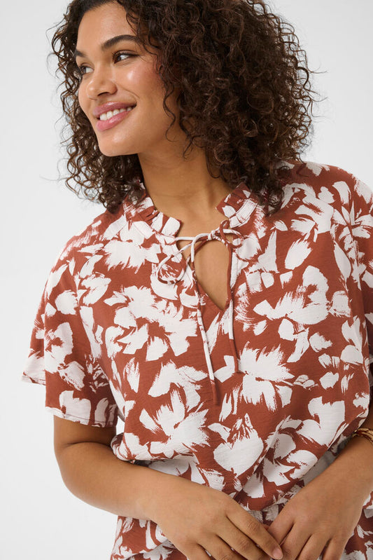 Kaffe Curve blouse bruin offwhite print model KCevia henna chalk flower