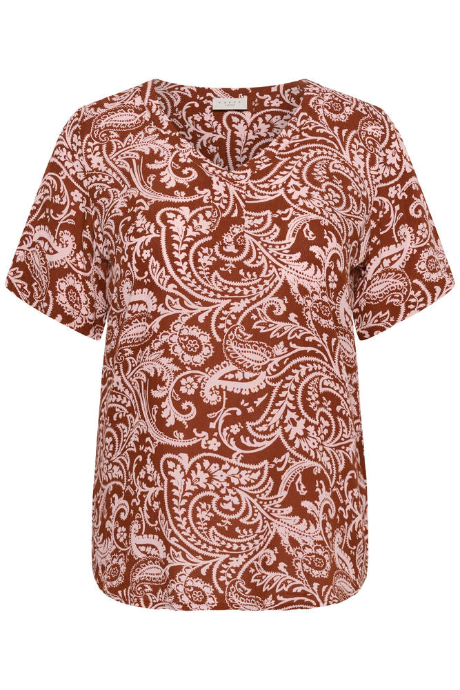 Kaffe Curve blouse korte mouw bruin met roze paisley print model KCami SS printed ballerina henna