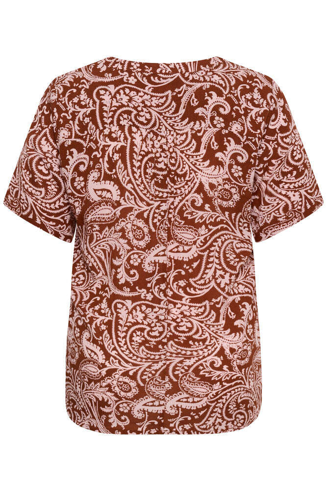Kaffe Curve blouse korte mouw bruin met roze paisley print model KCami SS printed ballerina henna