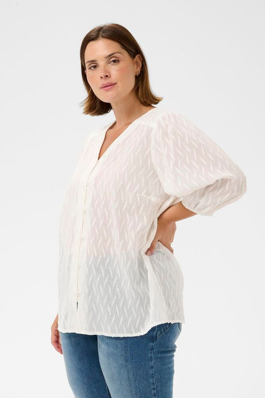 Kaffe Curve blouse offwhite met structuur driekwart mouw model KCgabby chalk