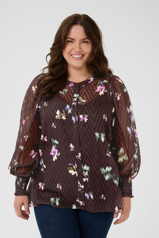 Kaffe Curve blouse donker bruin KCclara shirt black coffee print met paars detail