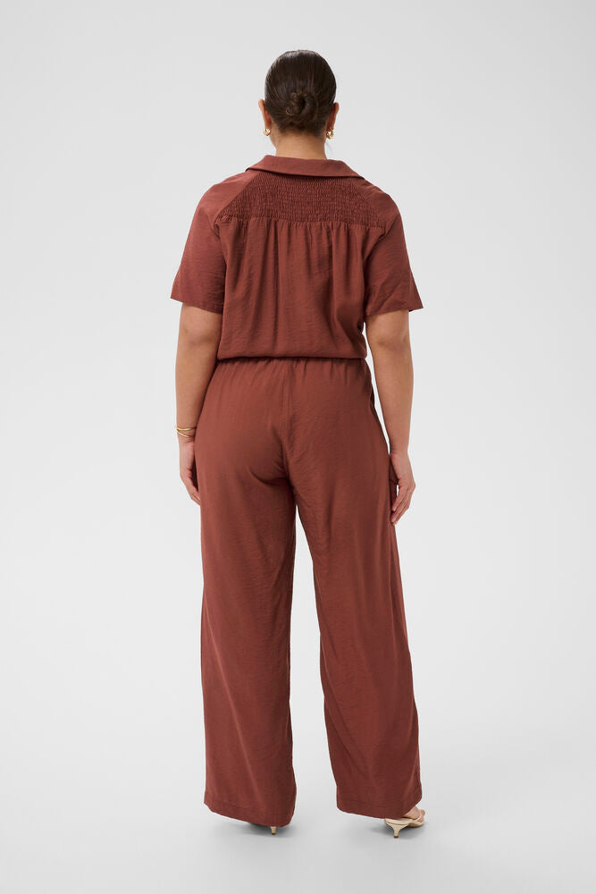 Kaffe Curve broek bruin met elastieke band model KCemilia wide pants henna