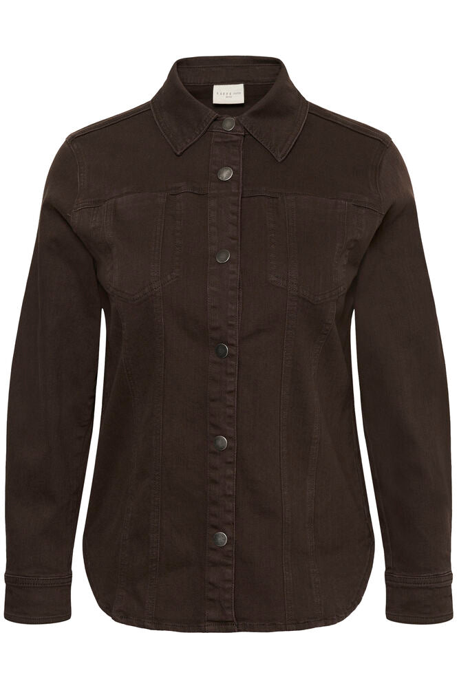 Kaffe Curve jeans jasje donker bruin model KCbree shirt coffee bean spijkerjas