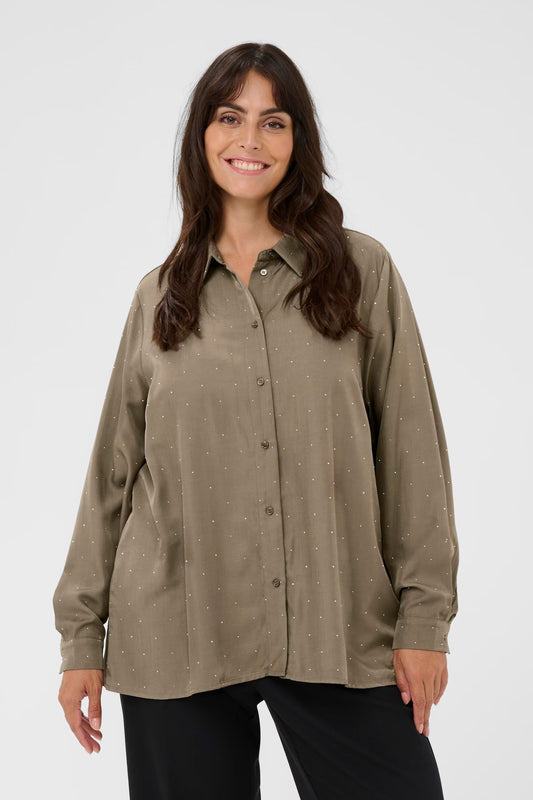 Kaffe Curve blouse taupe met strass model KCada morel overhemd