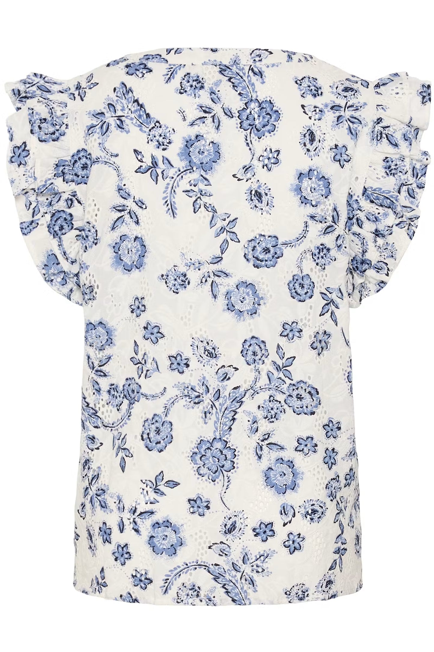 Kaffe Curve top offwhite met blauwe bloemen print model KClula midnight chalk flower broderie