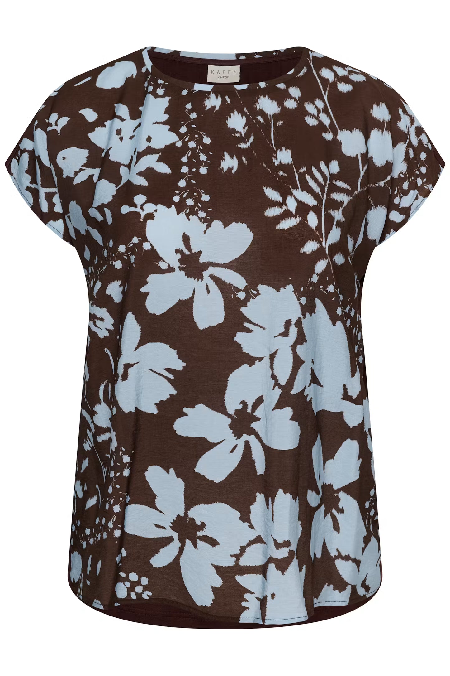 Kaffe Curve shirt bruin met blauwe print aangeknipt mouwtje KCmila printed blouse