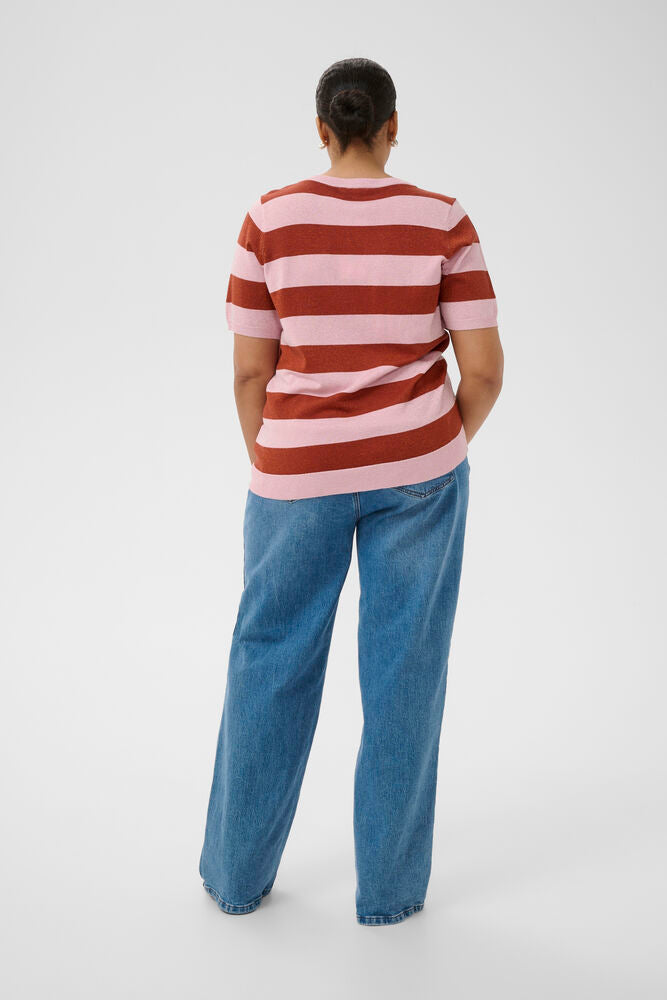 Kaffe Curve shirt met korte mouw strepen roze bruin met subtiel glittertje model KCregitta stripe V-neck ballerina henna