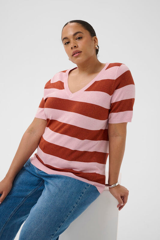 Kaffe Curve shirt met korte mouw strepen roze bruin met subtiel glittertje model KCregitta stripe V-neck ballerina henna
