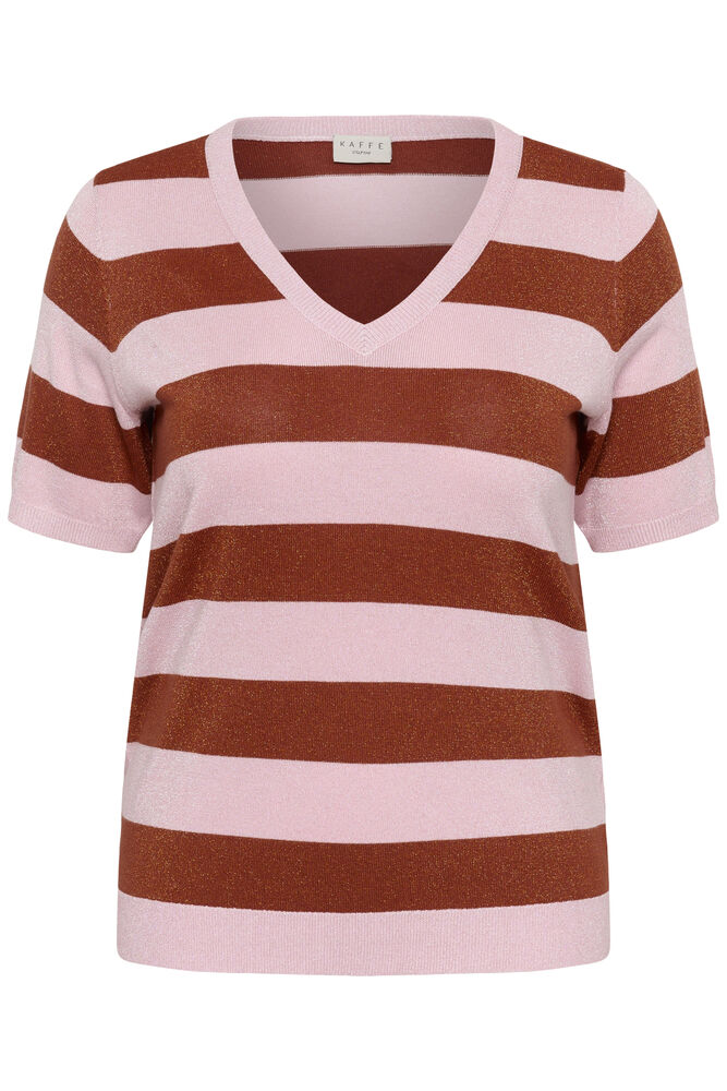 Kaffe Curve shirt met korte mouw strepen roze bruin met subtiel glittertje model KCregitta stripe V-neck ballerina henna