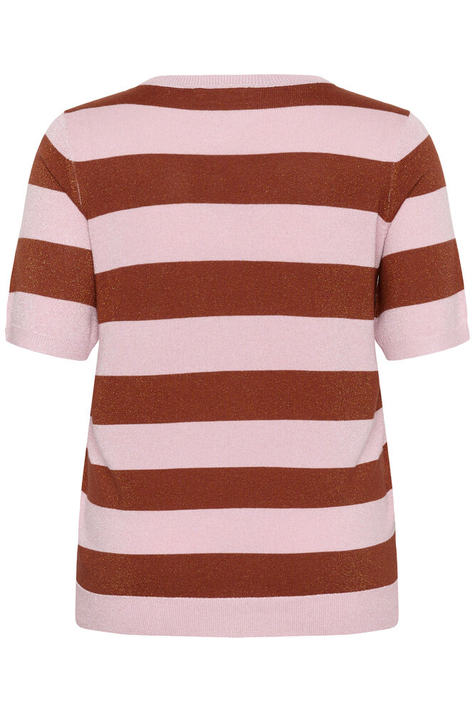 Kaffe Curve shirt met korte mouw strepen roze bruin met subtiel glittertje model KCregitta stripe V-neck ballerina henna