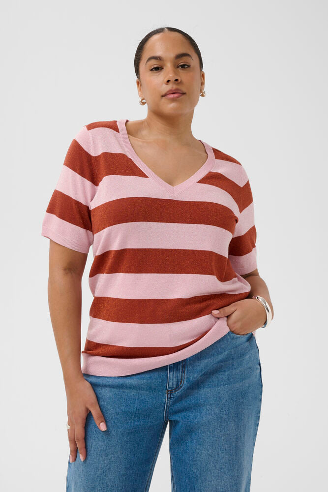 Kaffe Curve shirt met korte mouw strepen roze bruin met subtiel glittertje model KCregitta stripe V-neck ballerina henna