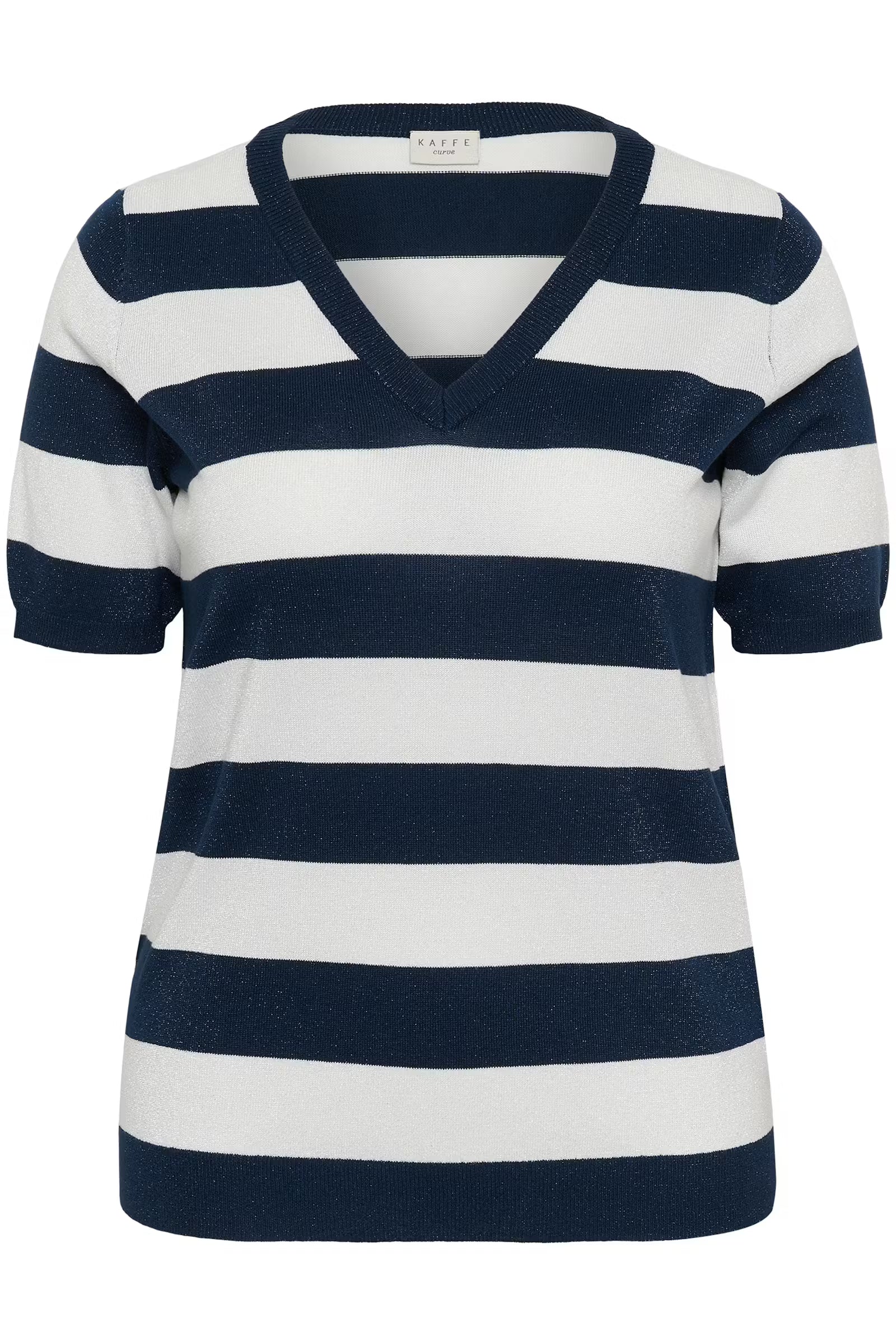Kaffe Curve shirtje met korte mouw strepen blauw offwhite met glitter detail model KCregitta V-neck stripe midnight chalk