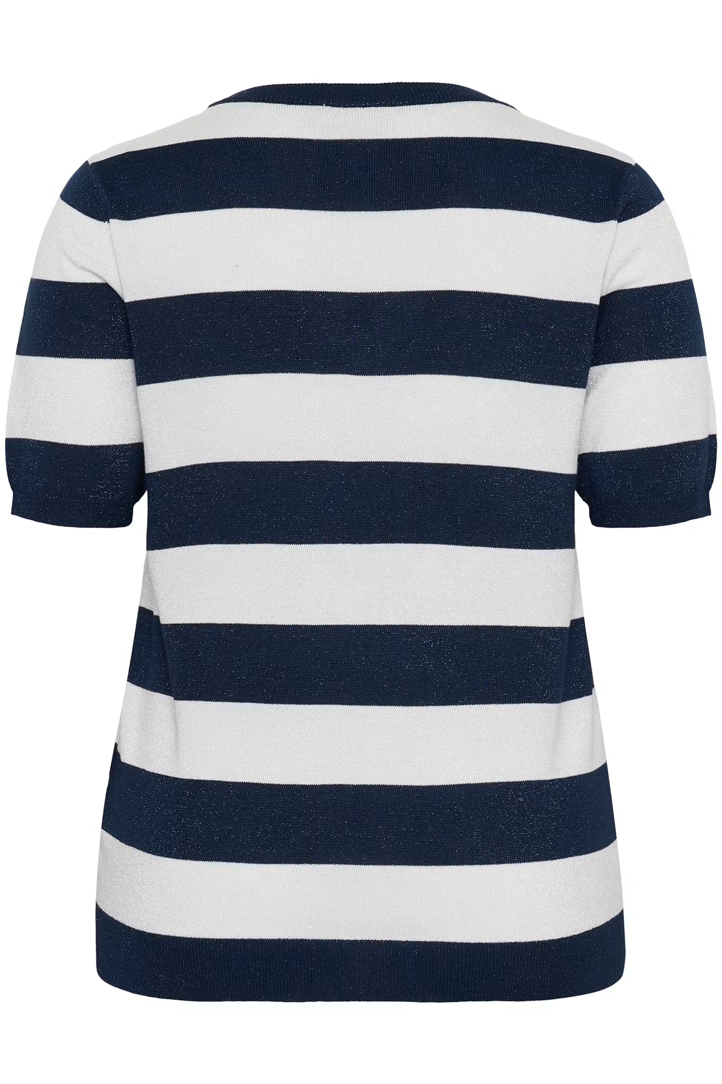 Kaffe Curve shirtje met korte mouw strepen blauw offwhite met glitter detail model KCregitta V-neck stripe midnight chalk