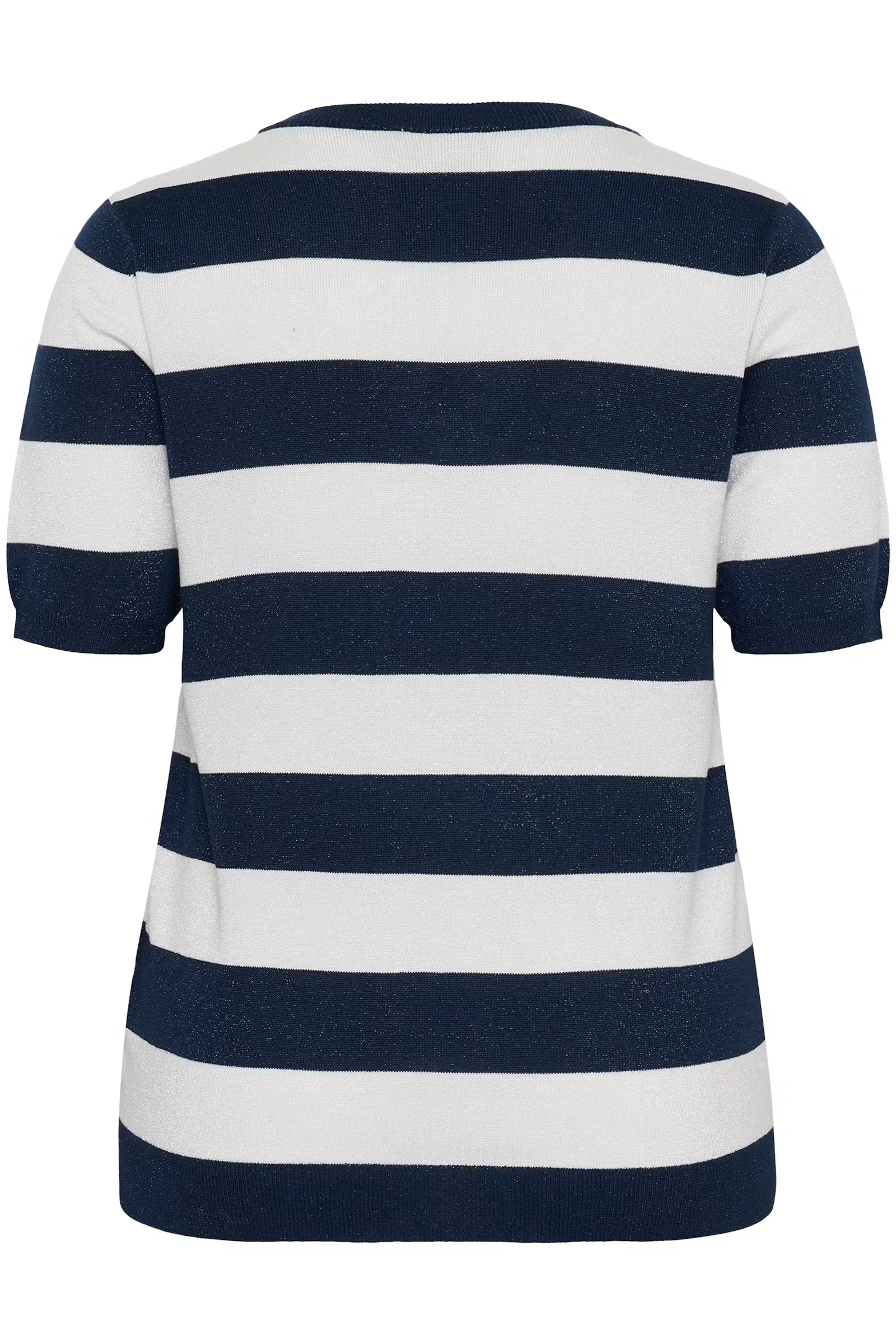 Kaffe Curve shirtje met korte mouw strepen blauw offwhite met glitter detail model KCregitta V-neck stripe midnight chalk