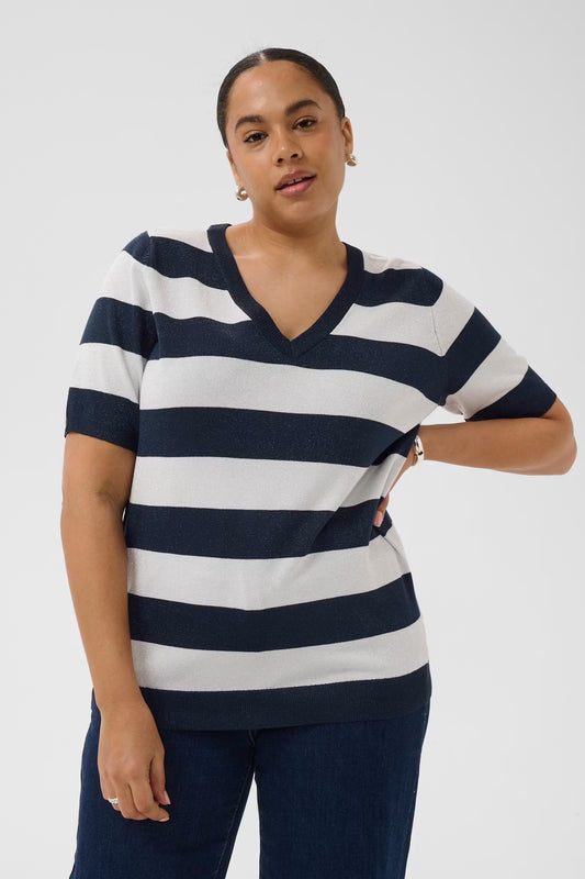Kaffe Curve shirtje met korte mouw strepen blauw offwhite met glitter detail model KCregitta V-neck stripe midnight chalk