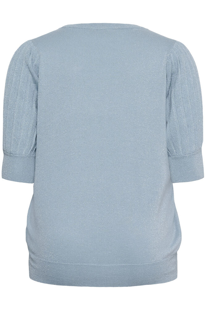 Kaffe Curve trui korte mouw licht blauw met glitter KCregitta Pleat Pullover Blue Fog