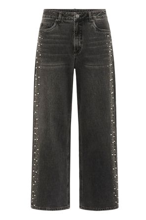 Kaffe jeans zwart grijs model KApetra met parels en strass aan zijkant grey vintage wash