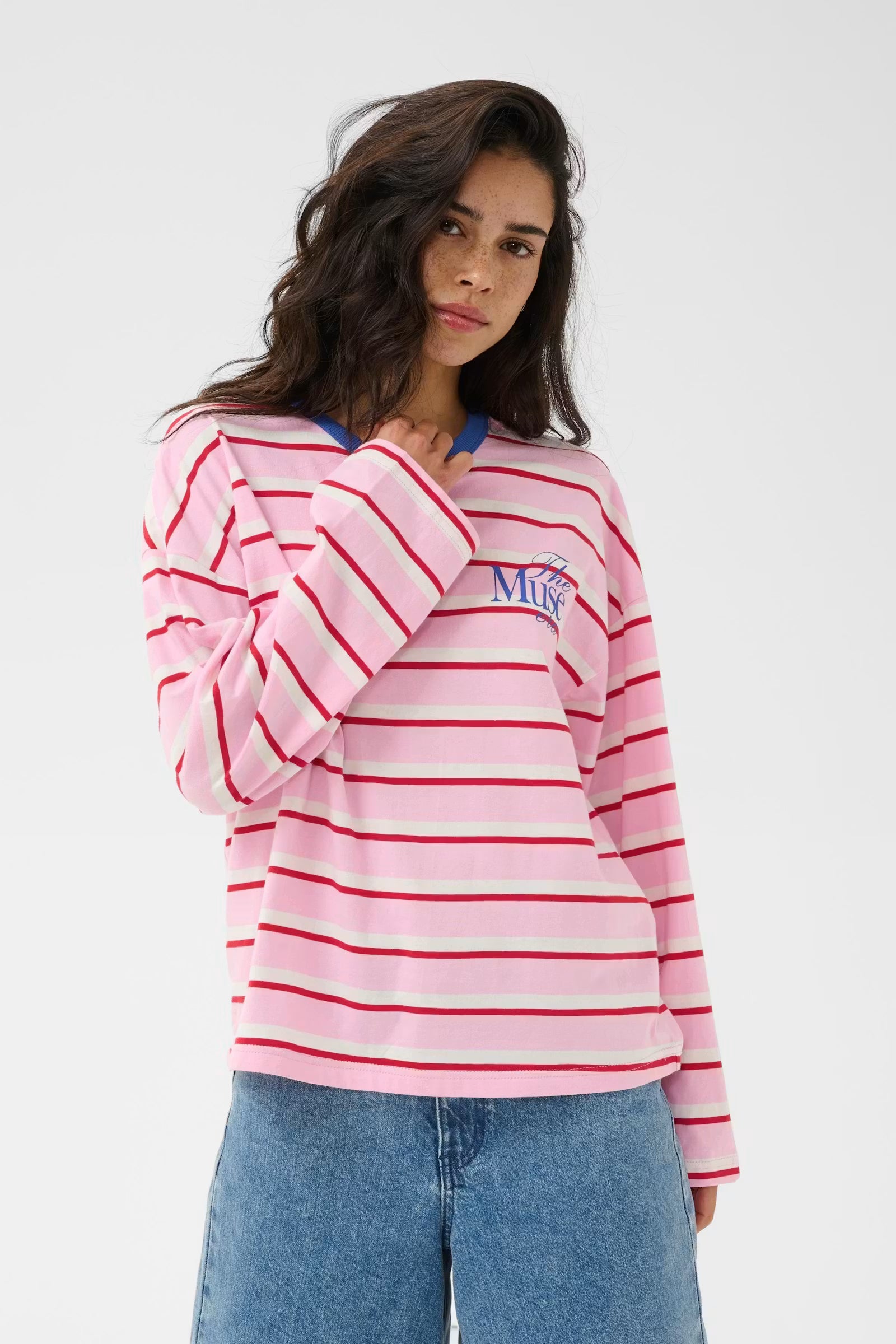 Kaffe T-shirt roze met rood gestreept model KAeloise longsleeve oversized pink red striped