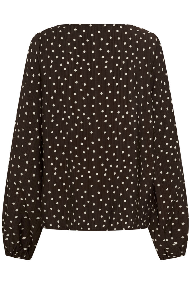 Kaffe donker bruine blouse met witte stippen model KAnadira coffee bean