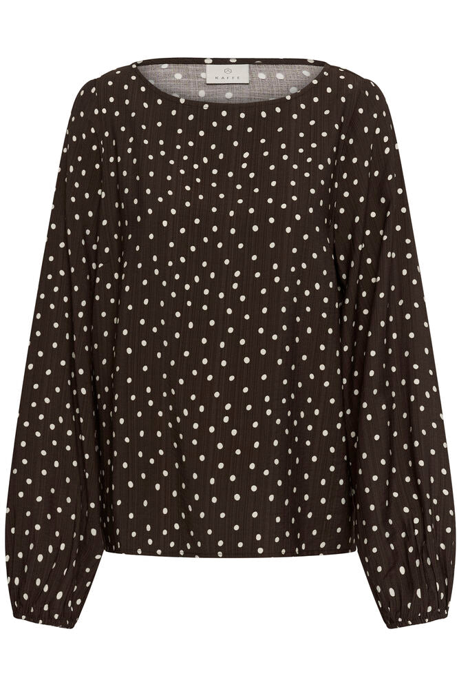 Kaffe donker bruine blouse met witte stippen model KAnadira coffee bean