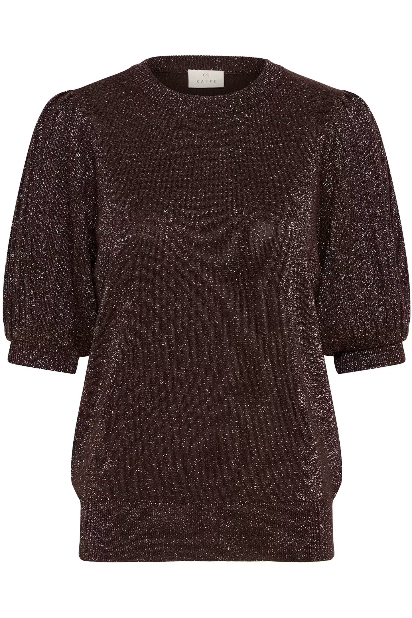 Kaffe trui korte mouw met glitter donker bruin model KAregina coffee bean