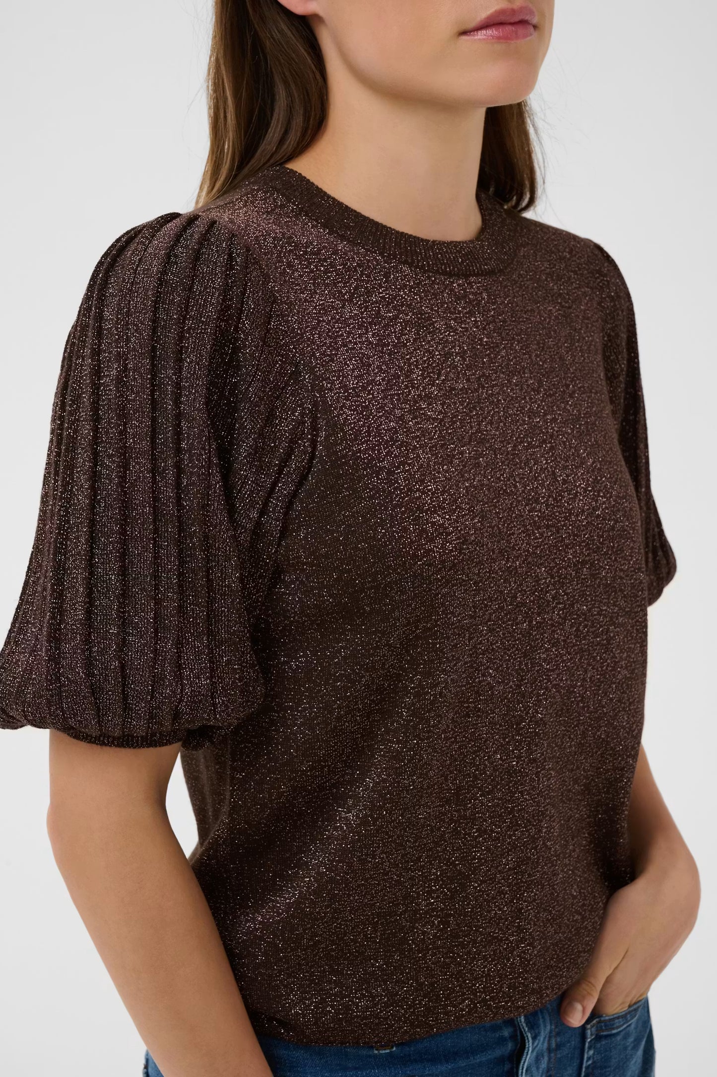 Kaffe trui korte mouw met glitter donker bruin model KAregina coffee bean