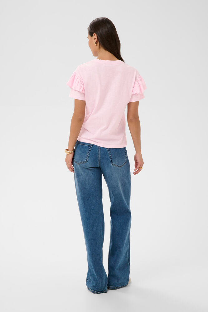 Kaffe T-shirt licht roze met ruffle op mouw model KAerin Flounce ballerina
