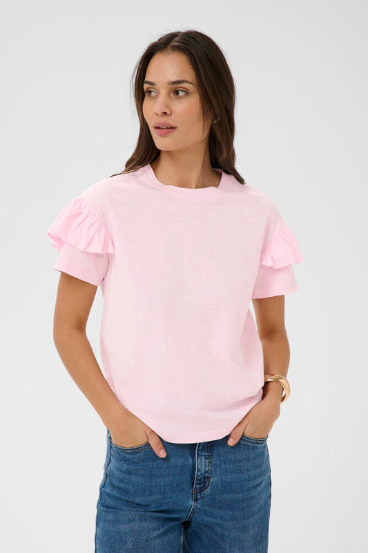 Kaffe T-shirt licht roze met ruffle op mouw model KAerin Flounce ballerina