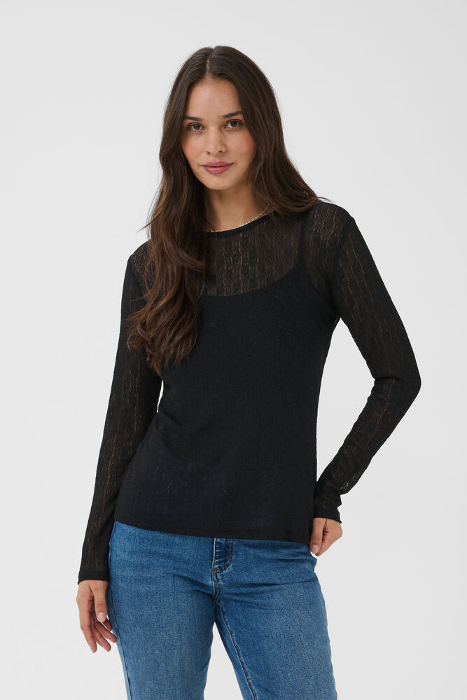 Kaffe zwarte kanten longsleeve model KAallison T-shirt black deep