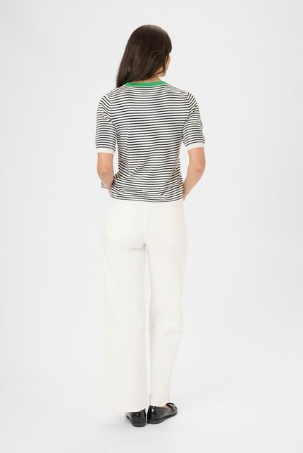 Kaffe trui met korte mouw gestreept offwhite zwart met groen detail model KAlizza narrow striped pullover chalk