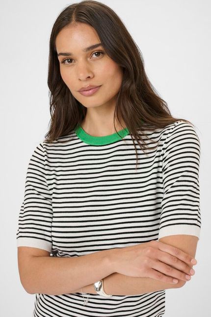 Kaffe trui met korte mouw gestreept offwhite zwart met groen detail model KAlizza narrow striped pullover chalk
