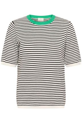 Kaffe trui met korte mouw gestreept offwhite zwart met groen detail model KAlizza narrow striped pullover chalk
