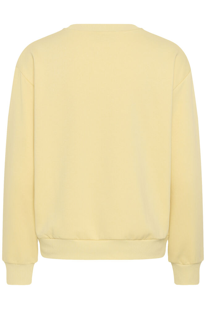 Kaffe sweater geel met bruine tekst model KAroseanne sweat Sunlight