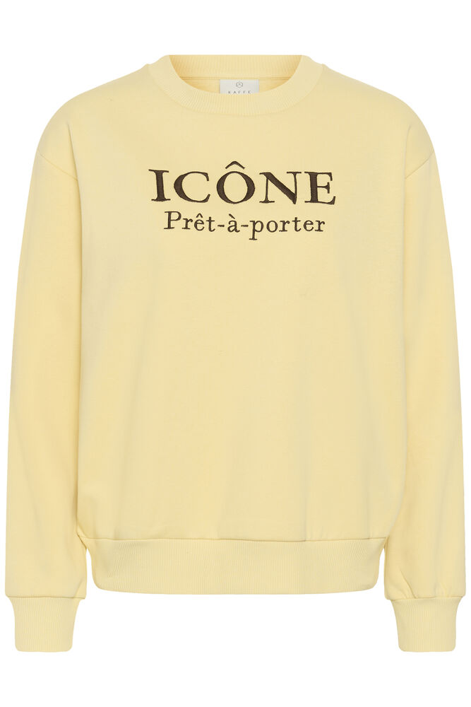 Kaffe sweater geel met bruine tekst model KAroseanne sweat Sunlight