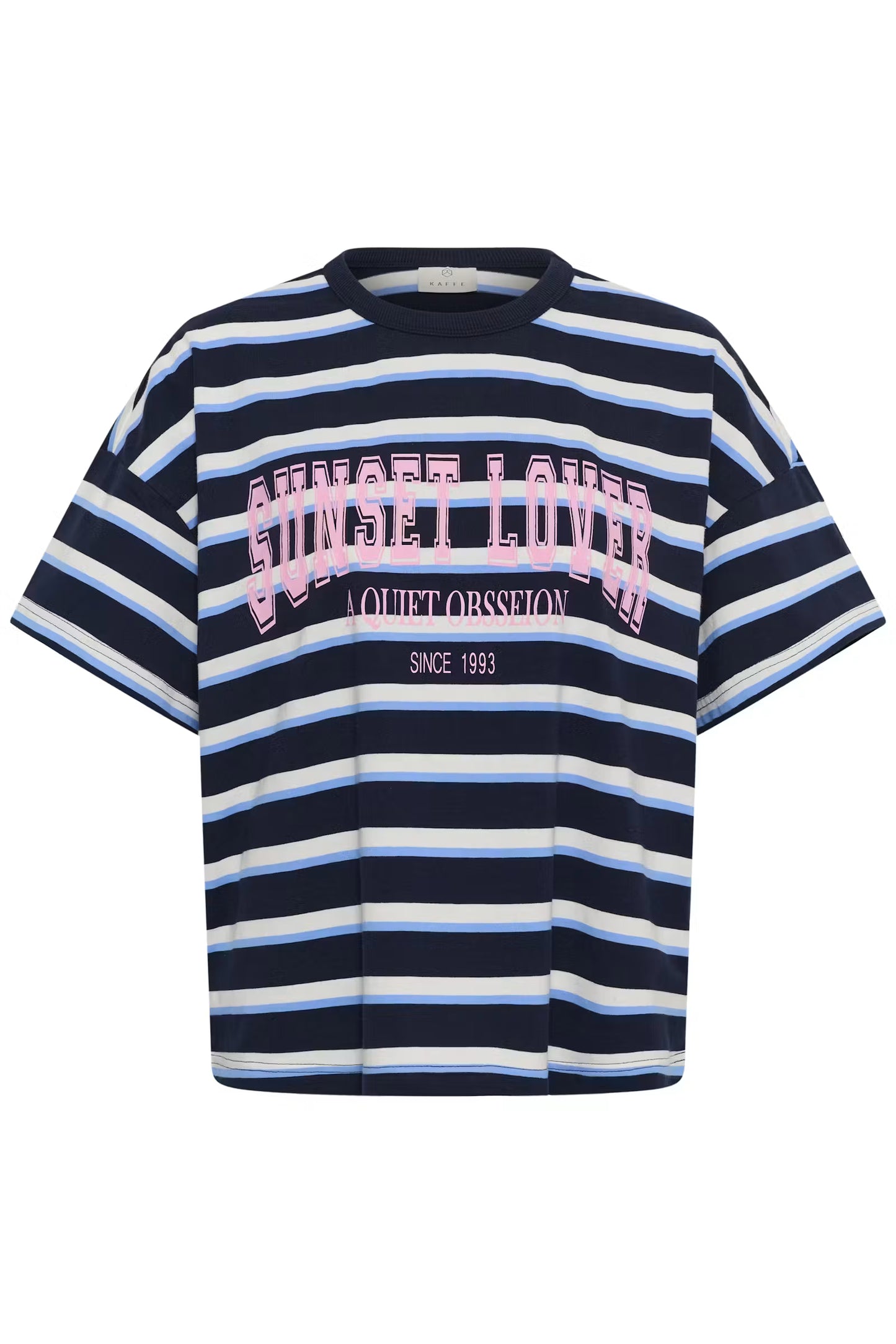 Kaffe T-shirt donker blauw met strepen roze tekst model KAeloise midnight blue striped