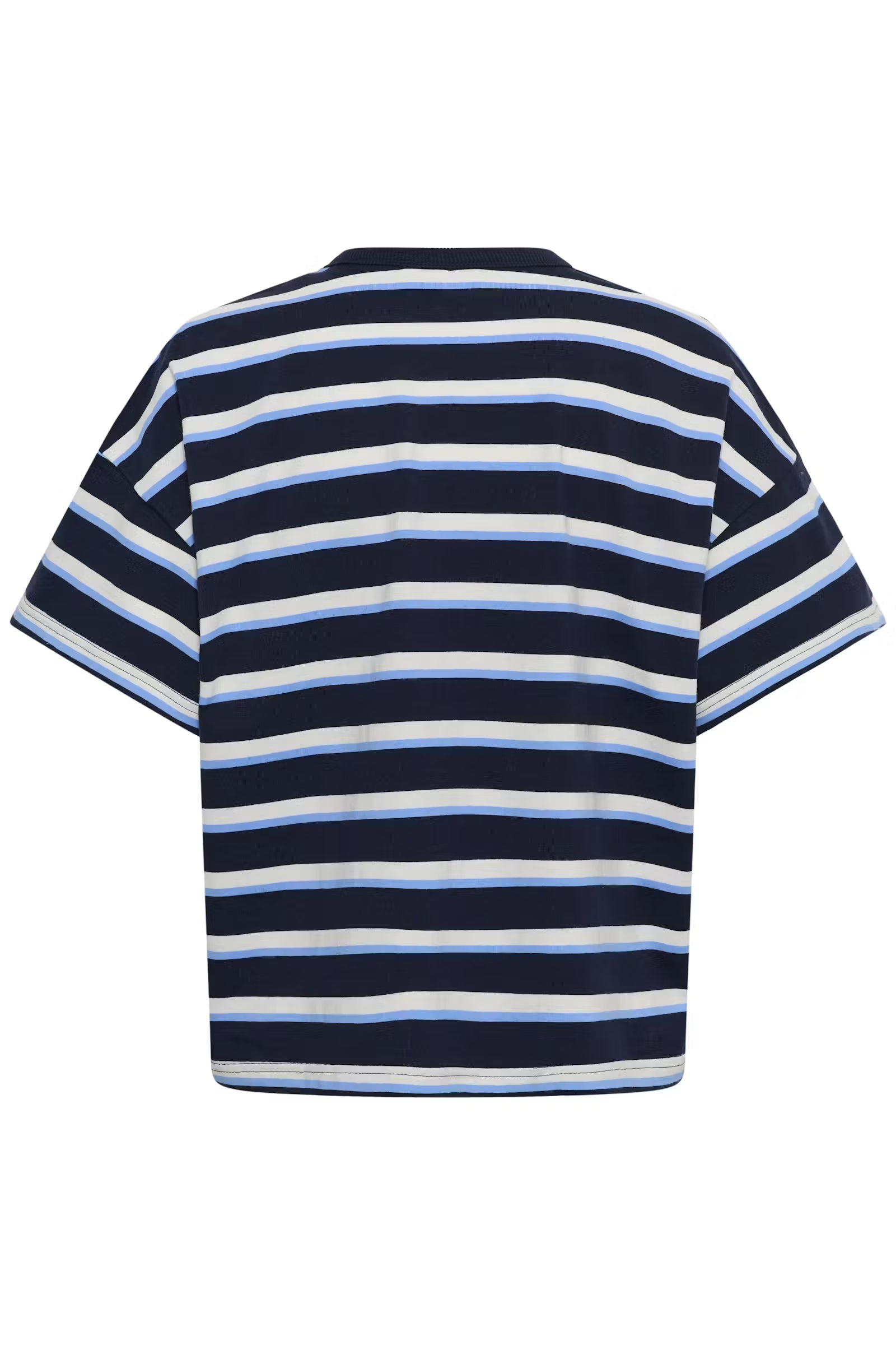 Kaffe T-shirt donker blauw met strepen roze tekst model KAeloise midnight blue striped