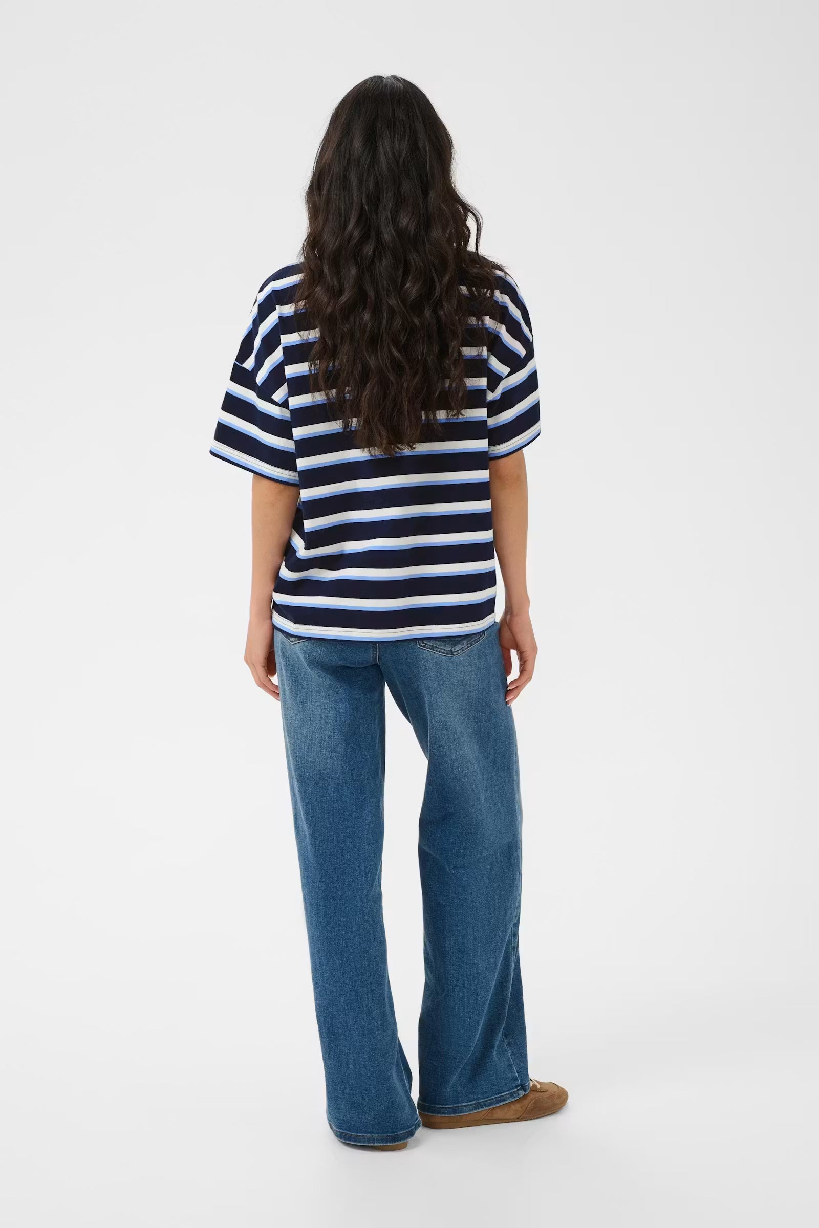 Kaffe T-shirt donker blauw met strepen roze tekst model KAeloise midnight blue striped