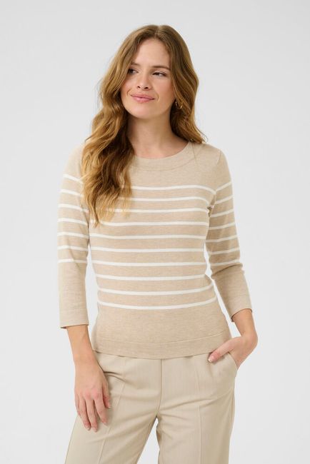 Kaffe trui driekwart mouw zandkleur offwhite gestreept KAlizza boatneck pullover feather grey mel chalk