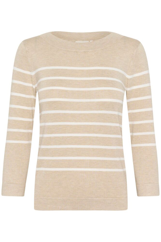Kaffe trui driekwart mouw zandkleur offwhite gestreept KAlizza boatneck pullover feather grey mel chalk